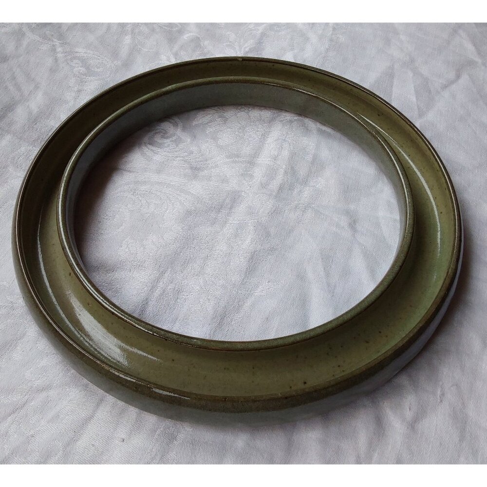 Very large posy ring green glaze handmade studio pottery signed Baty 9.5 inch